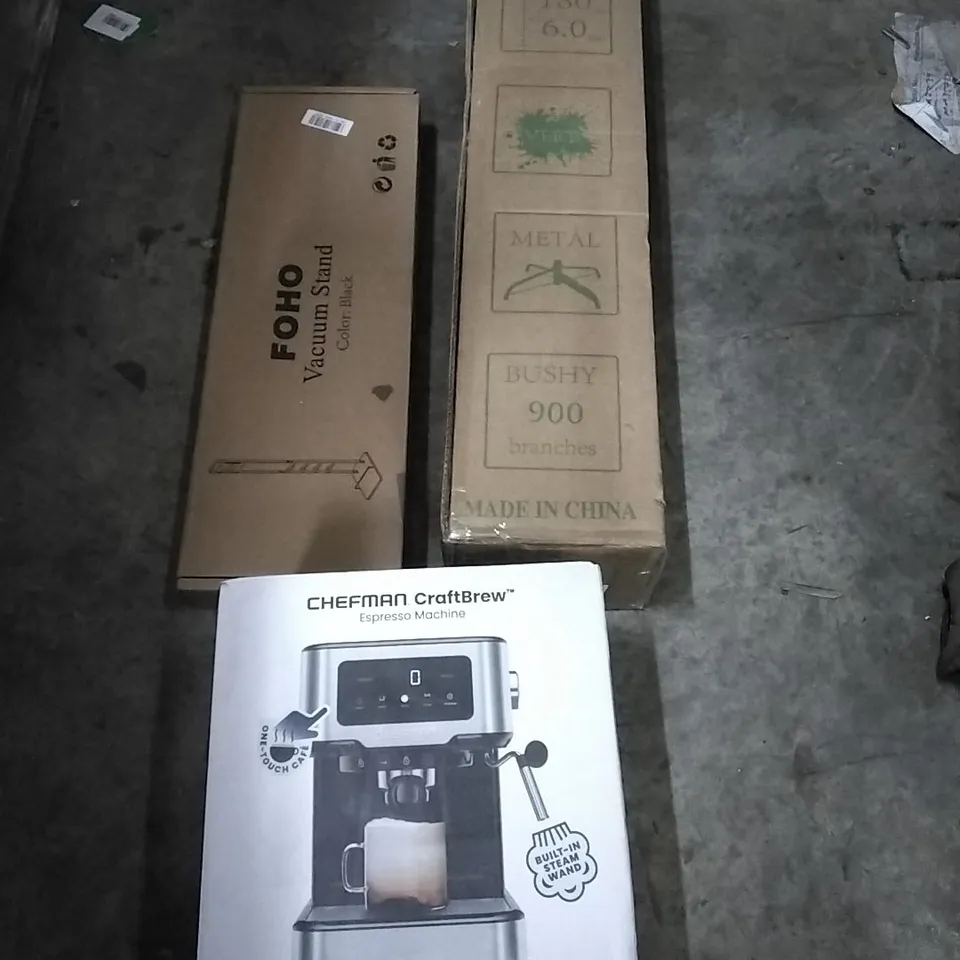 PALLET OF HOUSEHOLD ITEMS TO INCLUDE CHEFMAN ESPRESSO MACHINE, VACUUM STAND,CHRISTMAS TREE AND OTHER ASSORTED ITEMS...
