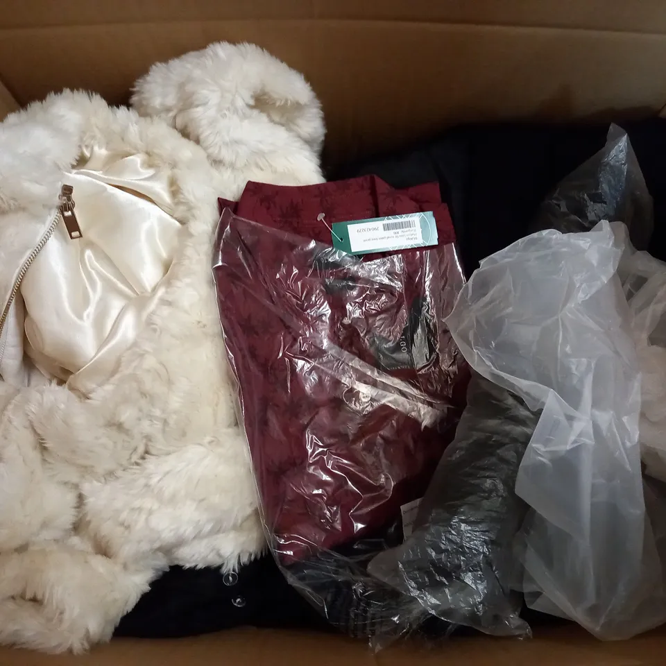  BOX OF ASSORTED CLOTHING ITEMS TOO INCLUDE DRESSES , SHIRTS AND TROUSERS IN VARIOUS SIZES AND COLOURS   