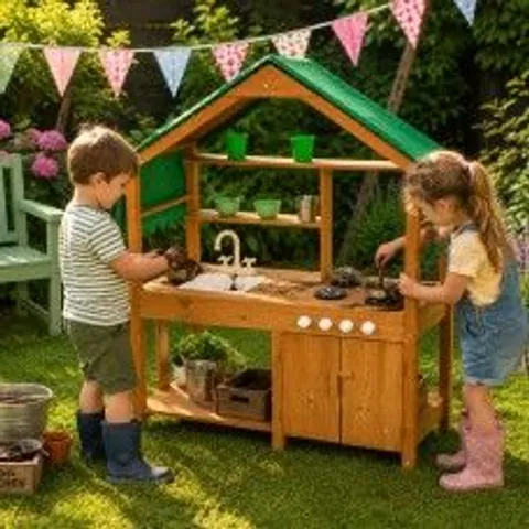 BOXED NEO WOODEN OUTDOOR MUD KITCHEN FOR KIDS WORKING SINK PLAY STOVE