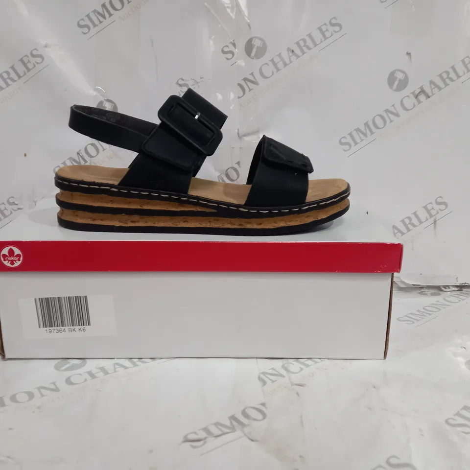 BOXED PAIR OF RIEKER WEDGE SANDALS IN BLACK SIZE 6