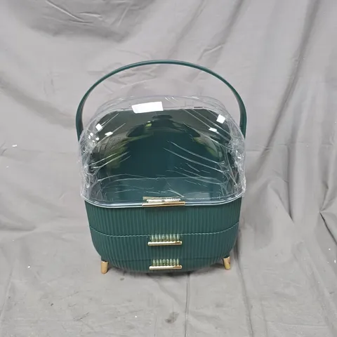 GREEN RIBBED STORAGE CABINET WITH CLEAR HINGED LID AND 3 DRAWERS