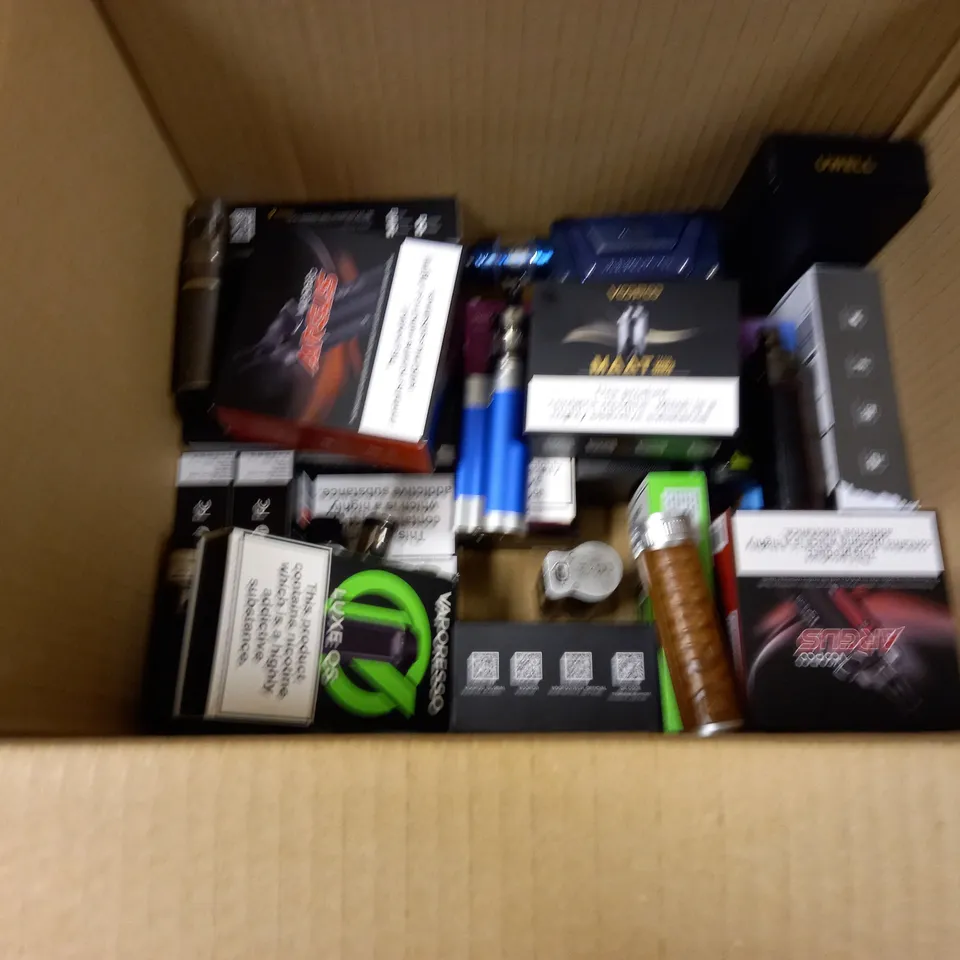 BOX OF APPROXMATELY 28 E-CIGARETTES AND LIQUIDS TO INCLUDE VOOPOO ARGUS, VOOPOO MAAT TANK, VAPORESSO LUXE QS, ETC