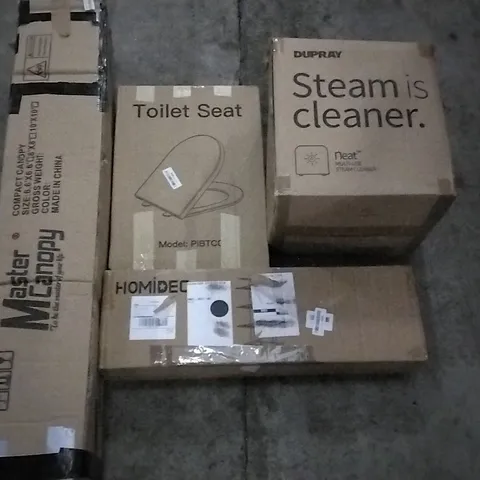 PALLET OF ASSORTED ITEMS INCLUDING MULTI-USE STEAM CLEANER, TOILET SEAT, MASTER CANOPY COMPACT CANOPY, HOMIDEC DRYING RACK, BLISSWOOD MAKEUP TABLE