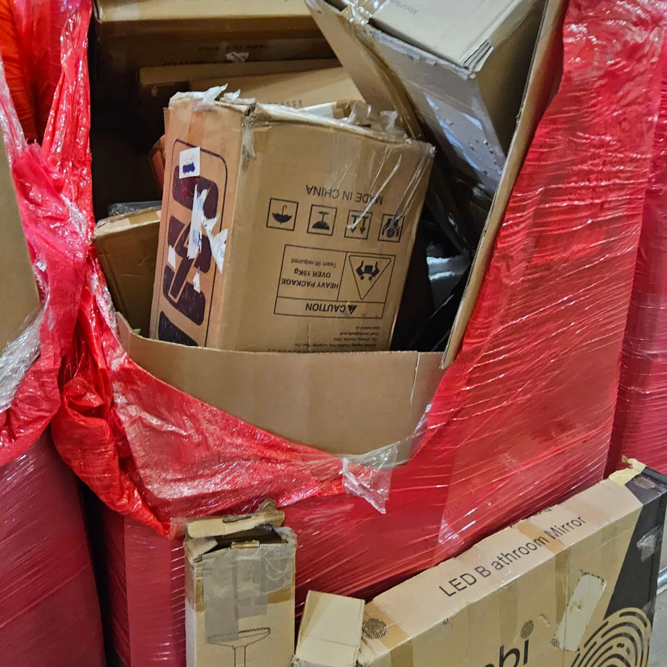 PALLET OF ASSORTED ITEMS TO INCLUDE, STOVE EFFECT HEATER, ROBOT VACUUM CLEANER, BATHROOM MIRROR WITH LED, PULL UP BAR, 