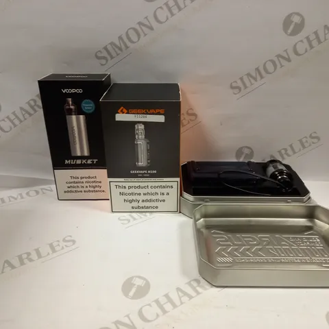 BOX OF APPROXMATELY 30 E-CIGARETTES AND LIQUIDS TO INCLUDE VOOPOO ARGUS GTII, GEEKVAPE M100 2ML 100W, VOOPOO MUSKET, ETC