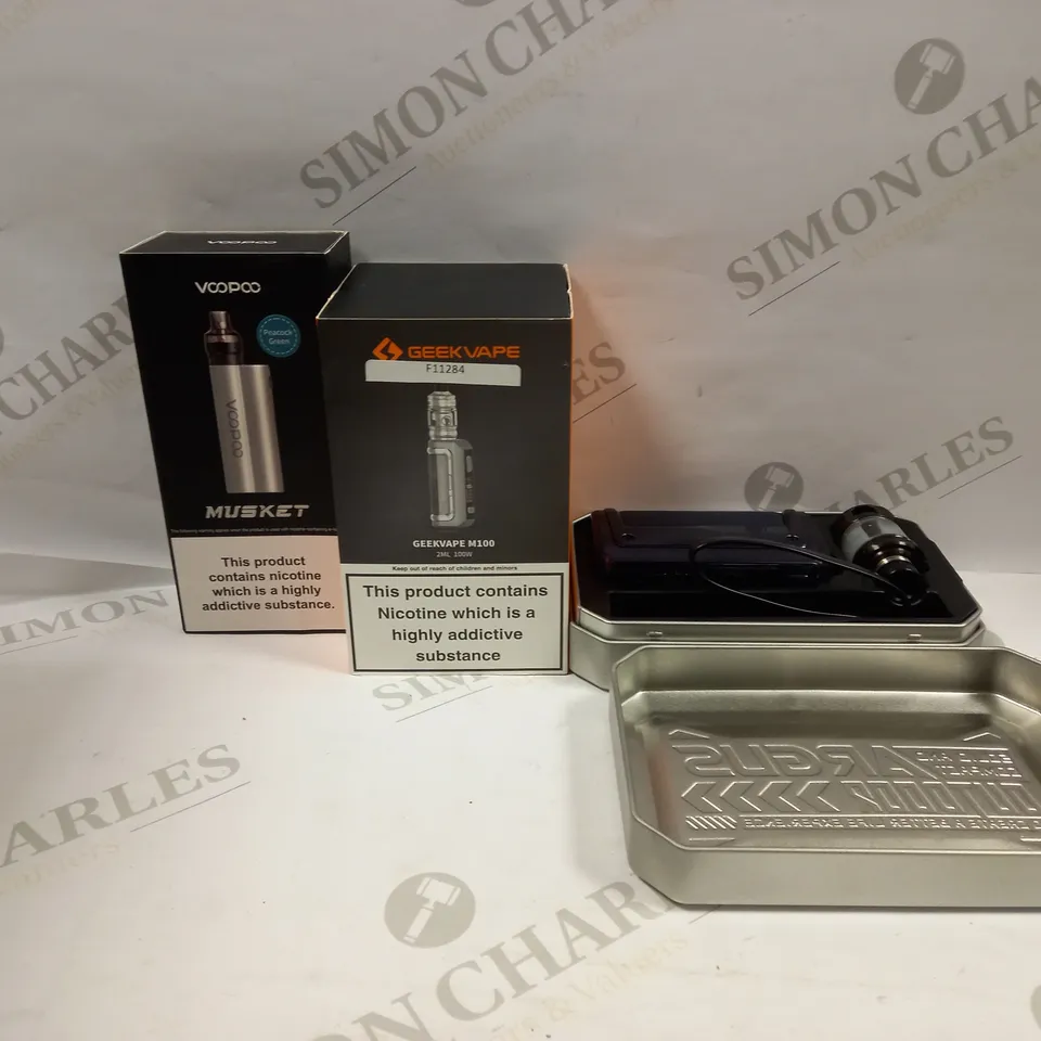 BOX OF APPROXMATELY 30 E-CIGARETTES AND LIQUIDS TO INCLUDE VOOPOO ARGUS GTII, GEEKVAPE M100 2ML 100W, VOOPOO MUSKET, ETC