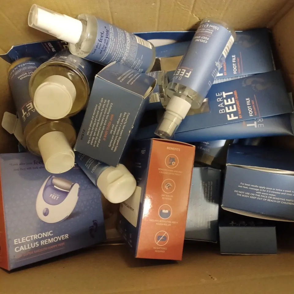 BOX OF APPROXIMATELY 30 BARE FEET COSMETIC PRODUCTS TO INCLUDE SPRAY, FILE, CREAM, ETC