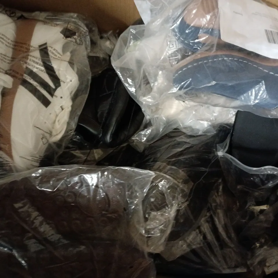 BOX OF APPROXIMATELY 15 ASSORTED PAIRS OF SHOES AND FOOTWEAR ITEMS IN VARIOUS COLOURS, STYLES, AND SIZES - COLLECTION ONLY