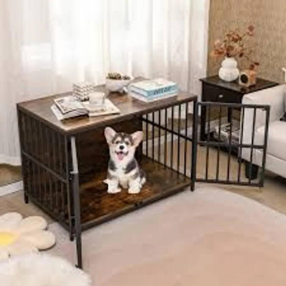 BOXED COSTWAY HEAVY-DUTY DOG CRATE FURNITURE WITH DUAL LOCKABLE DOUBLE DOORS-RUSTIC BROWN
