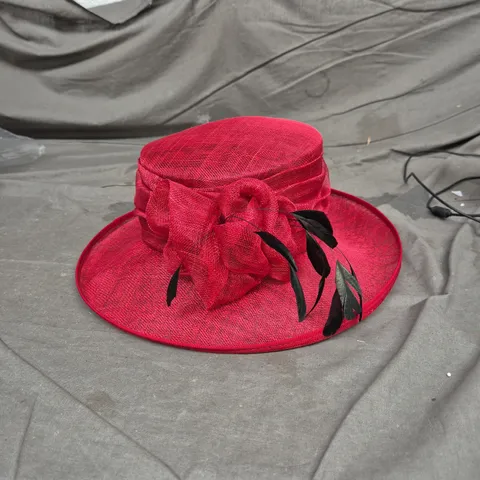 RED WIDE-BRIM HAT WITH BOW AND BLACK LEAF ACCENTS