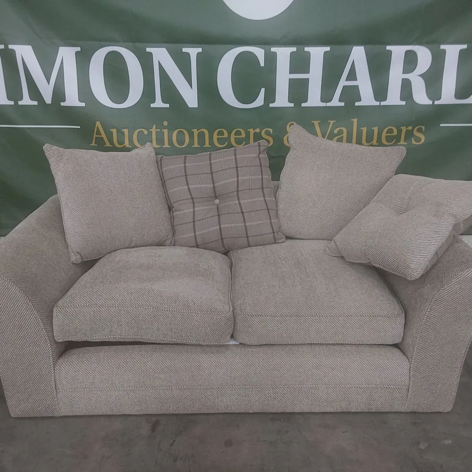 DESIGNER TWO SEATER SOFA WITH SCATTER CUSHIONS BEIGE FABRIC