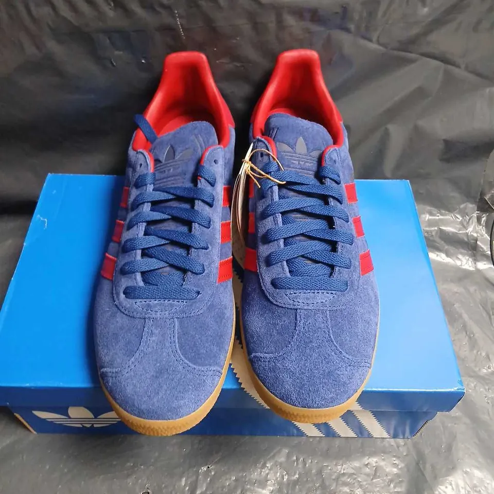 ADIDAS GAZELLE TRAINERS – BLUE SUEDE WITH RED STRIPES UK 7.5 