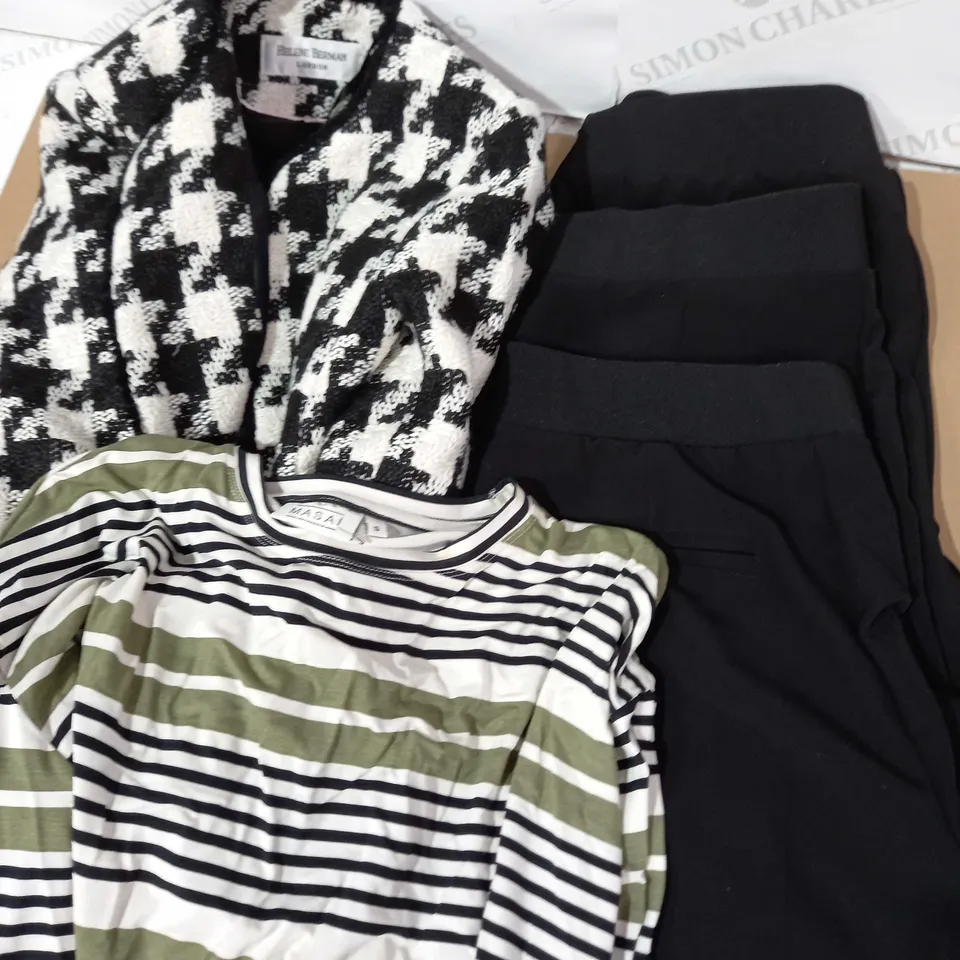 LOT OF ASSORTED CLOTHES INCLUDING 3 PAIRS OF BLACK TROUSERS (SIZES 10), COAT (SIZE 10), TOP (SIZE S)