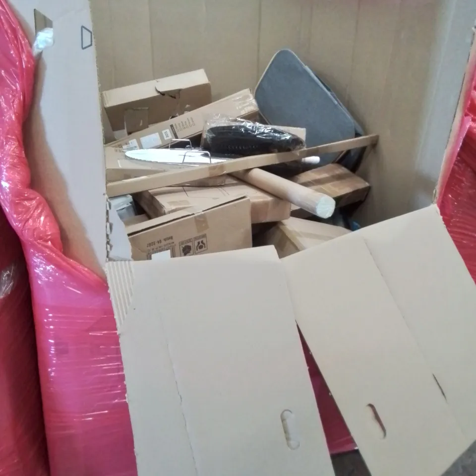 PALLET OF ASSORTED HOUSEHOLD ITEMS TO INCLUDE VOILAMART DISPLAY STAND,SAFETY GATE, LUMBAR SUPPORT CUSHION AND SIDE TABLE