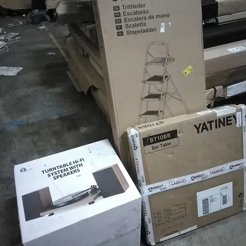 PALLET OF HOUSEHOLD ITEMS TO INCLUDE TURNTABLE SYSTEM, BAR TABLE, STEP LADDER  AND OTHER ASSORTED ITEMS...