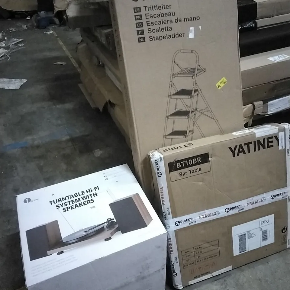 PALLET OF HOUSEHOLD ITEMS TO INCLUDE TURNTABLE SYSTEM, BAR TABLE, STEP LADDER  AND OTHER ASSORTED ITEMS...