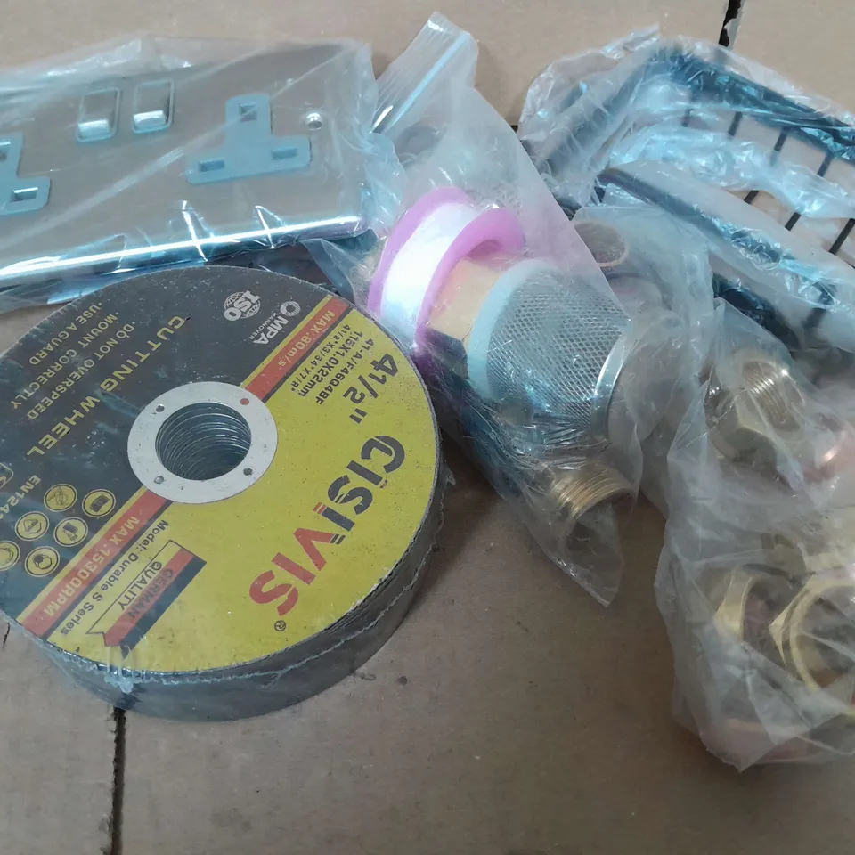 APPROXIMATELY 20  ASSORTED HOUSEHOLD ITEMS TOO INCLUDE, PIP FITTINGS - PLUG SOCKET - GRINDING DISC 