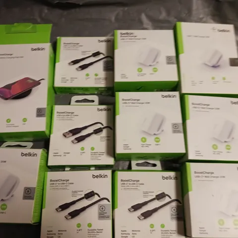 LOT OF APPROXIMATELY 18 ASSORTED BELKIN ITEMS TO INCLUDE 20W WALL CHARGERS, USB-C TO USB-C CABLES AND CHARGING PAD