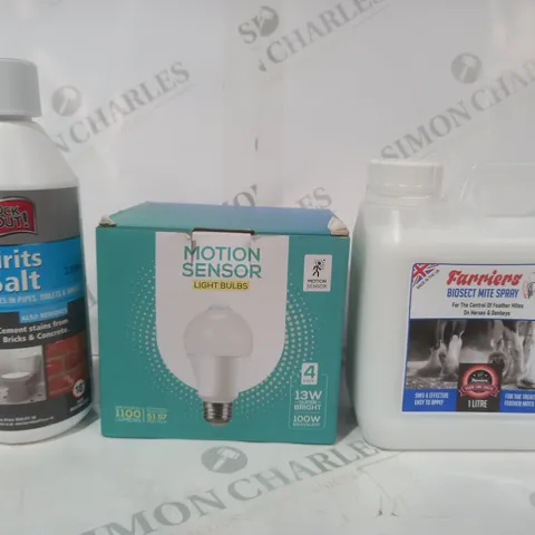 APPROXIMATELY 5 ASSORTED HOUSEHOLD ITEMS TO INCLUDE BIOSECT MITE SPRAY, MOTION SENSOR LIGHT BULBS, SPIRIT OF SALTS, ETC - COLLECTION ONLY