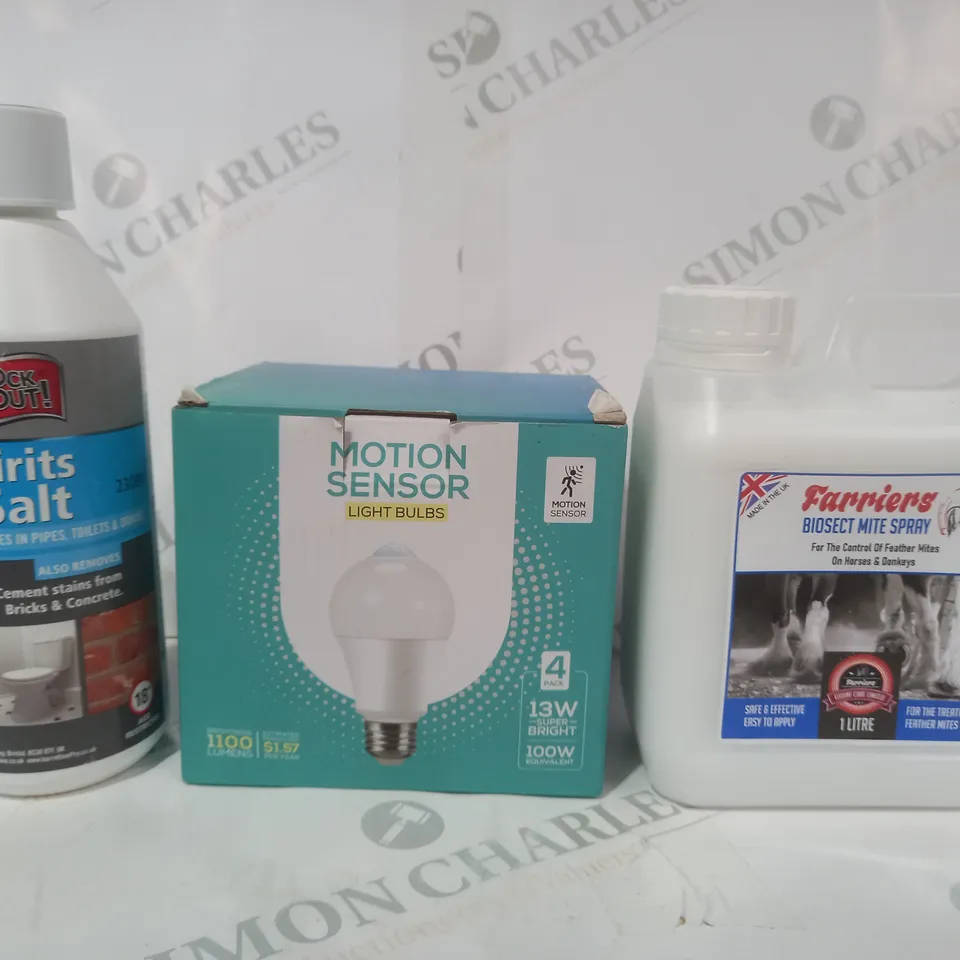 APPROXIMATELY 5 ASSORTED HOUSEHOLD ITEMS TO INCLUDE BIOSECT MITE SPRAY, MOTION SENSOR LIGHT BULBS, SPIRIT OF SALTS, ETC - COLLECTION ONLY