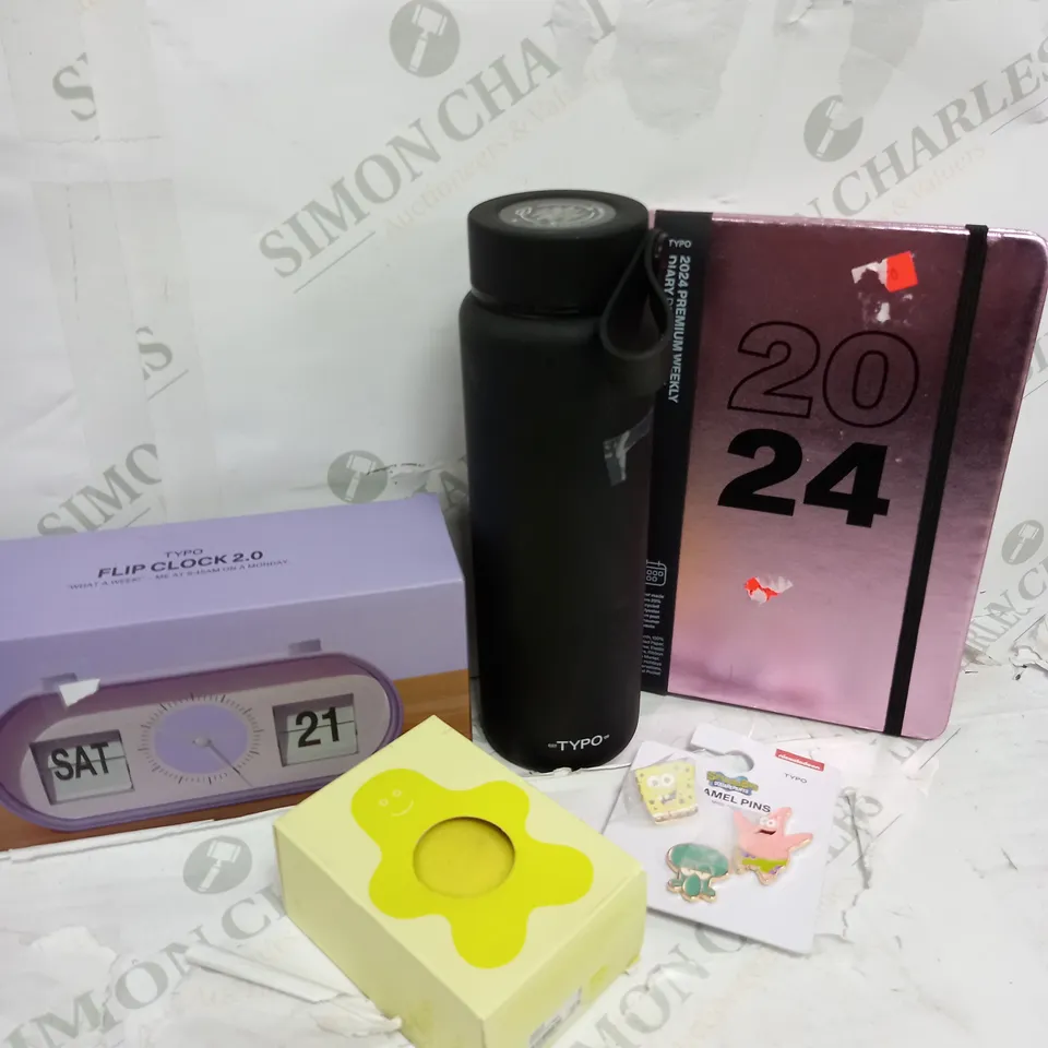 BOX OF APPROXIMATELY 15 ASSORTED ITEMS TO INCLUDE BOTTLE, 2024 BOOK, SPONGEBOB PINS ETC
