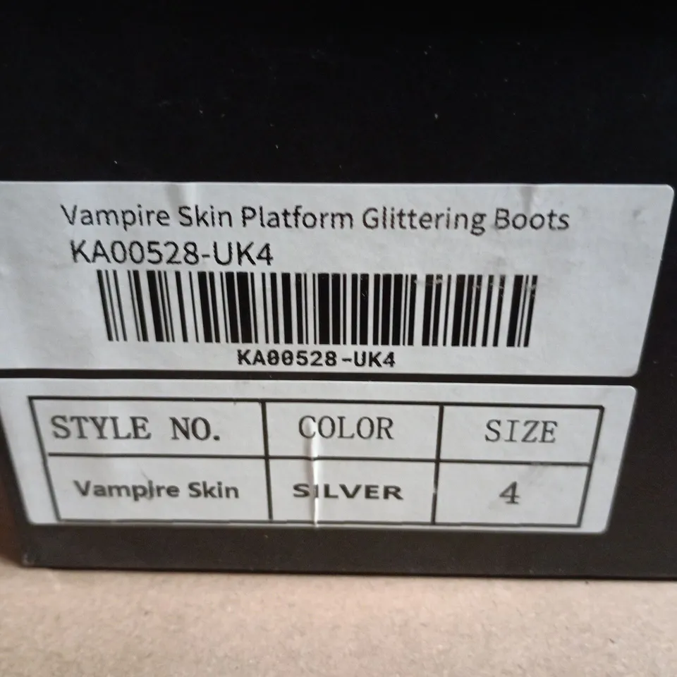 BOXED KOI TWILGHT SAGA VAMPIRE SKIN PLATFORM GLITTERING BOOTS – SILVER, UK4