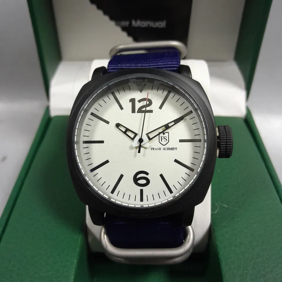 BOXED FRANK SCHMIDT WHITE PILOT DIAL WATCH WITH BLACK BEZEL & NAVY STRAP