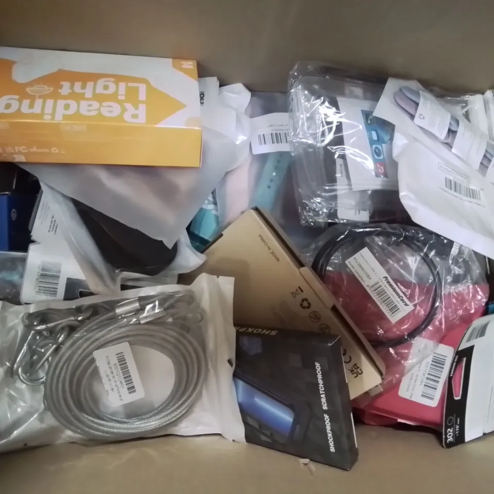 BOX CONTAINING LARGE AMOUNT OF MIXED BOXED ELECTRONIC ITEMS PHONE ACCESSORIES ETC.