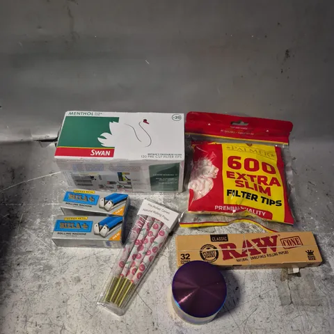 APPROXIMATELY 20 ASSORTED TOBACCO RELATED PRODUCTS TO INCLUDE FILTER TIPS, PAPERS, GRINDERS ETC 
