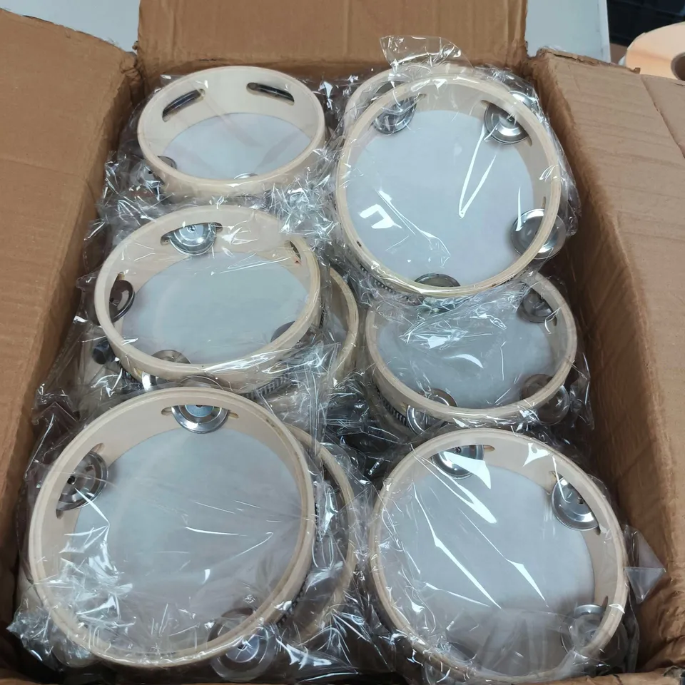 APPROXIMATELY 30 MINI WOODEN MUSICAL TAMBOURINES 