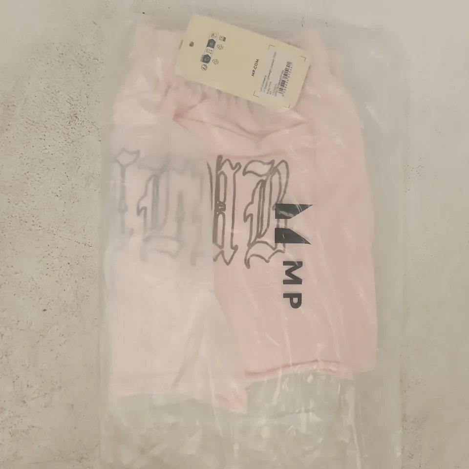 BAGGED MY PROTEIN WOMEN'S LIFT GRAPHIC LIGHTWEIGHT LOOPBACK SHORTS IN BABY PINK SIZE XS