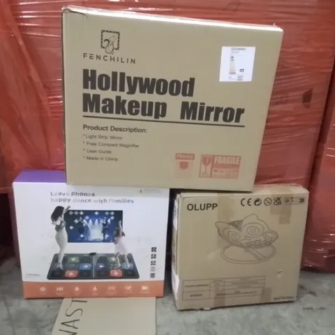 PALLET OF ASSORTED HOUSEHOLD GOODS AND PRODUCTS TO INCLUDE;DANCE MAT,MAKEUP MIRROR
