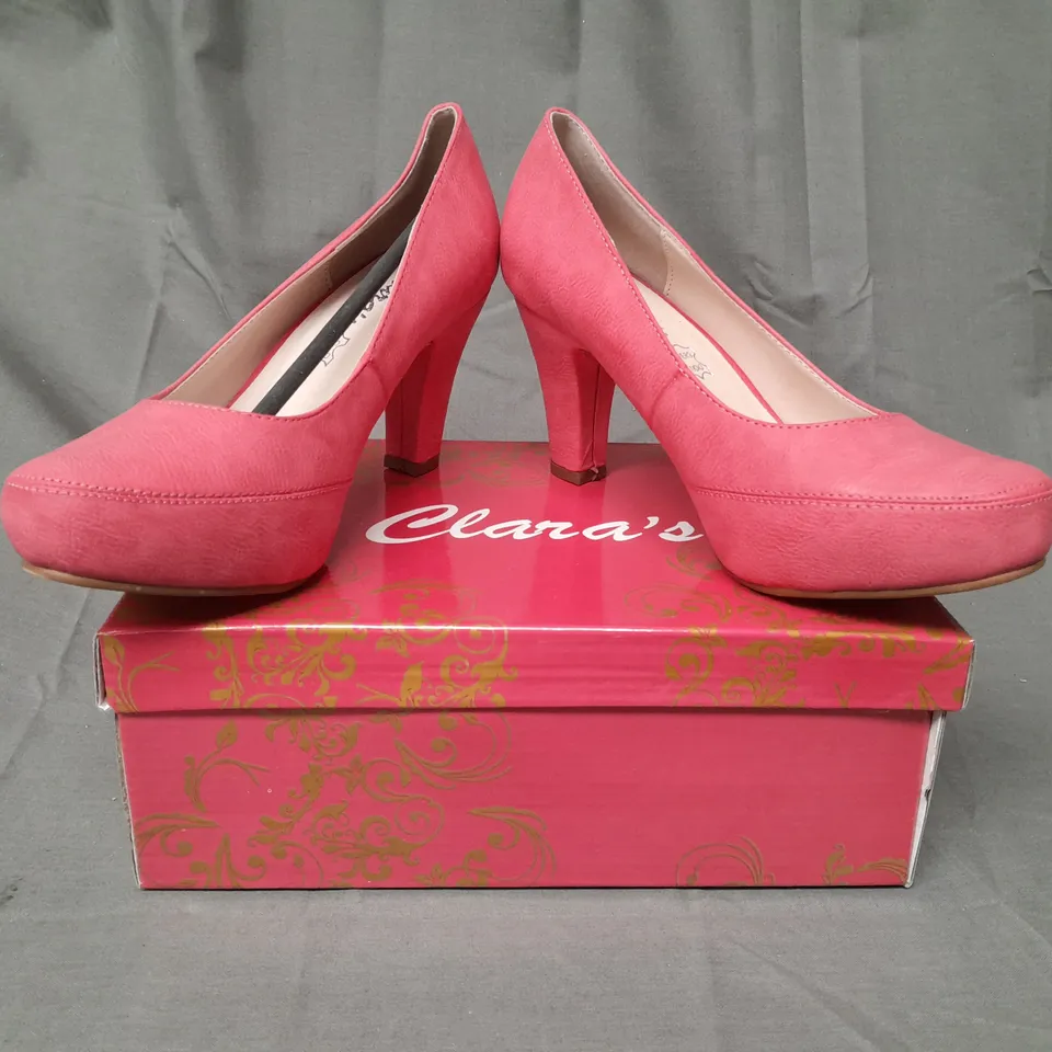 BOXED PAIR OF CLARA'S CLOSED TOE HEELED SHOES IN RED EU SIZE 37