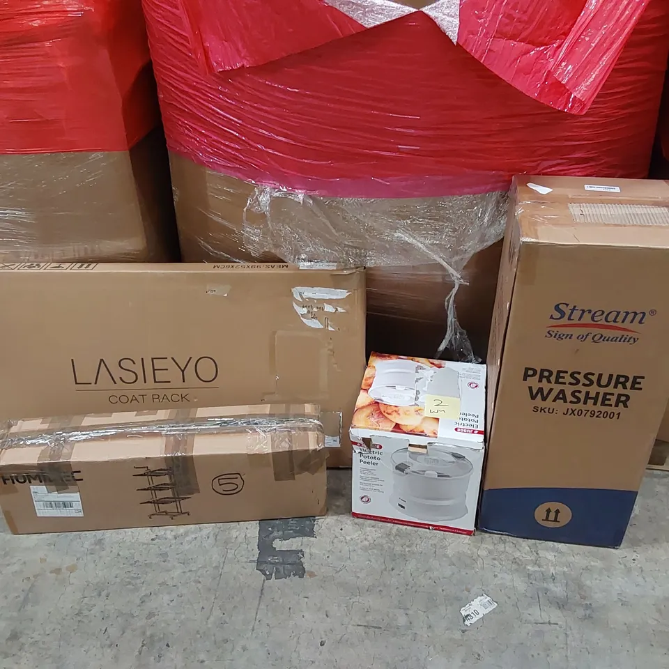 PALLET OF ASSORTED ITEMS INCLUDING: PRESSURE WASHER, ELECTRIC POTATO PEELER, COAT RACK, STORAGE RACK