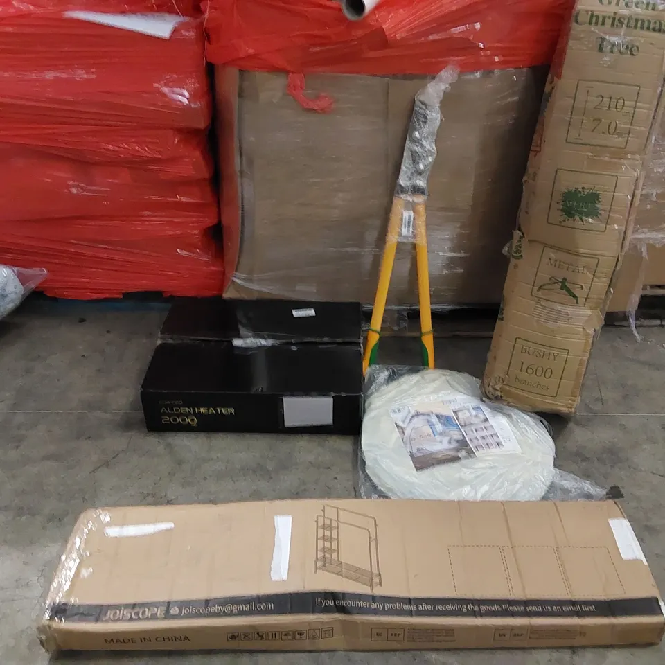 PALLET OF ASSORTED ITEMS INCLUDING: ELECTRIC HEATER, SHELVES, POP UP TENT, ARTIFICIAL CHRISTMAS TREE, POP UP TENT, GARDEN SHEARS 
