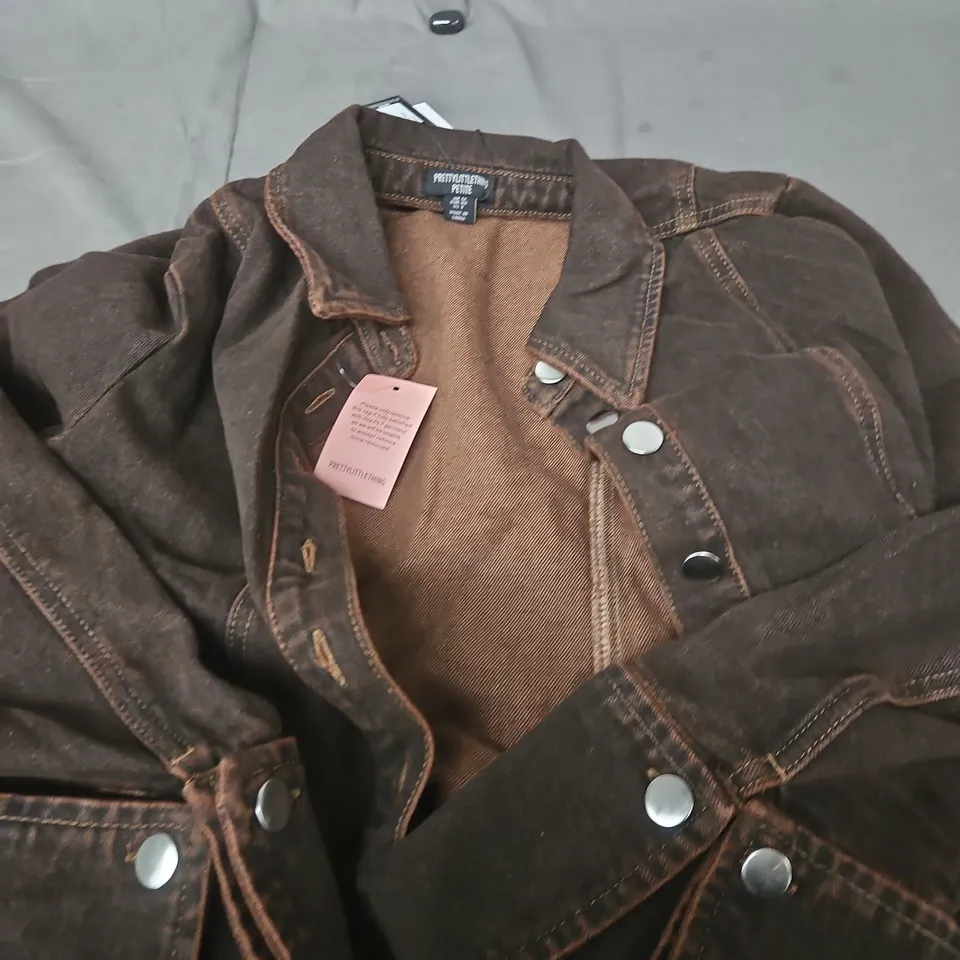 PRETTYLITTLETHING PETITE BROWN DENIM SHIRT – LONG SLEEVE, UK 12
