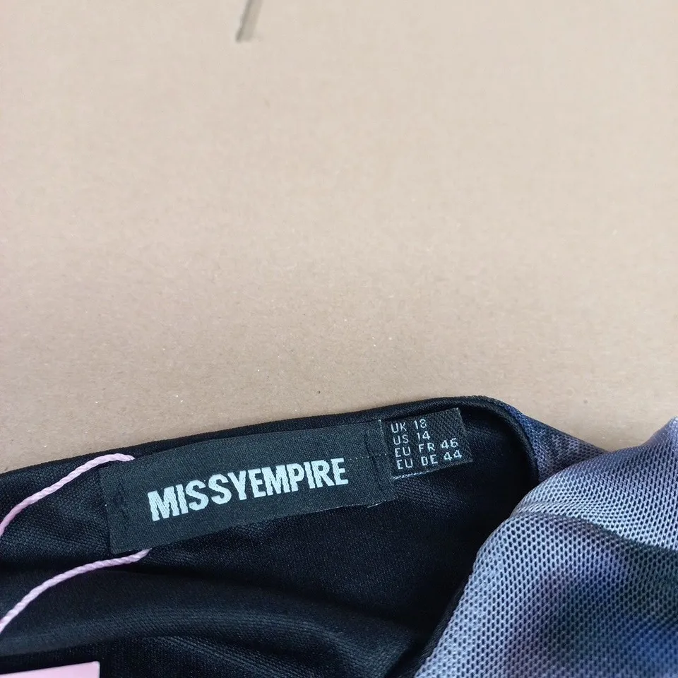 MISSY EMPIRE PURPLE SATIN DRESS, UK 18 (US 14; EU FR 46; EU DE 44) WITH CHANEL-INSPIRED PATCH