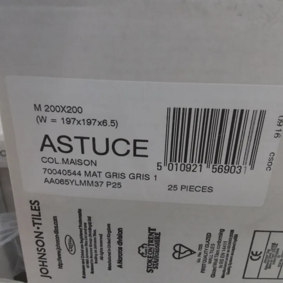 PALLET TO CONTAIN APPROX. 96 PACKS OF JOHNSON'S BRAND NEW ASTUCE COLLECTION MAISON TILES IN GREY - 25 TILES PER PACK // TILE SIZE: 197 X 197 X 6.5mm