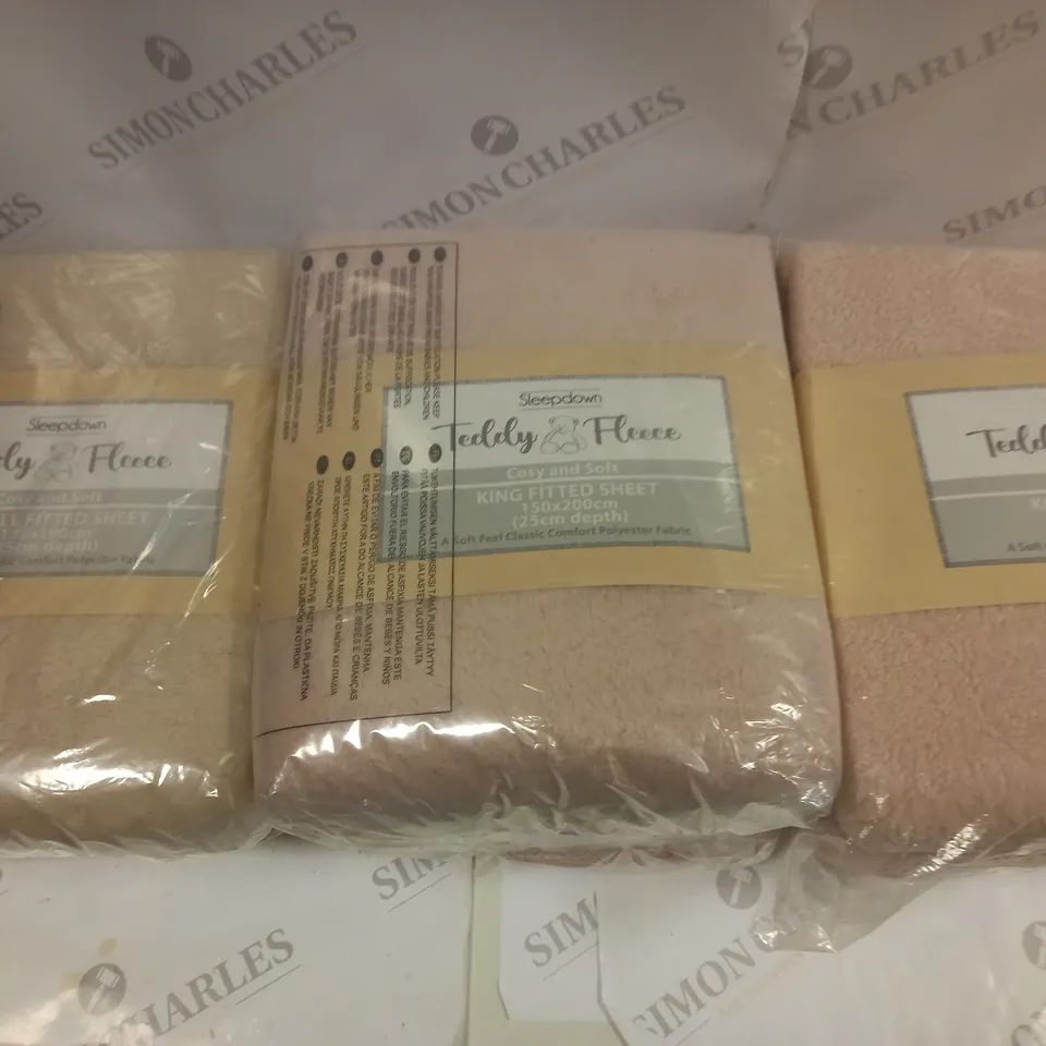 LOT OF 3 SLEEPDOWN TEDDY FLEECE FITTED SHEETS - PINK KING X2 + CREAM DOUBLE