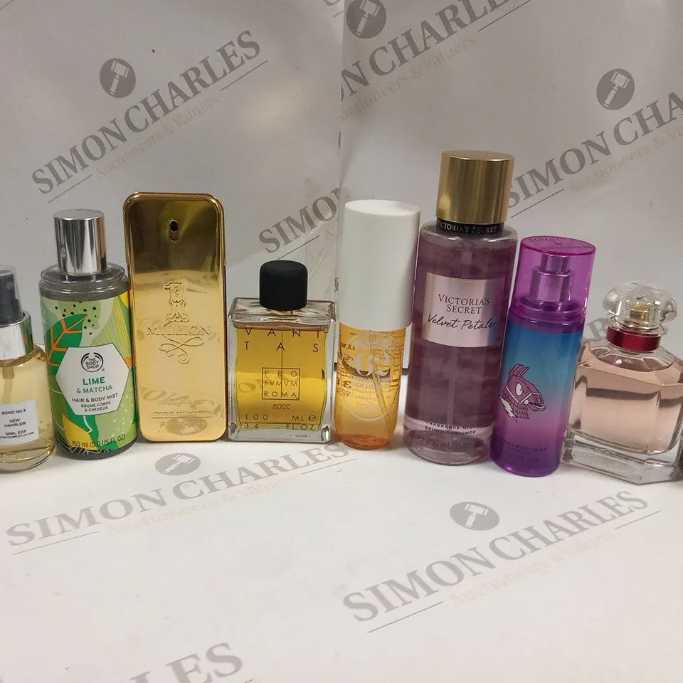 APPROXIMATELY 10 ASSORTED FRAGRANCES AND COSMETICS TO INCLUDE; PACO RABANNE, VICTORIA'S SECRET, GUERLAIN, VANITAS AND THE BODY SHOP