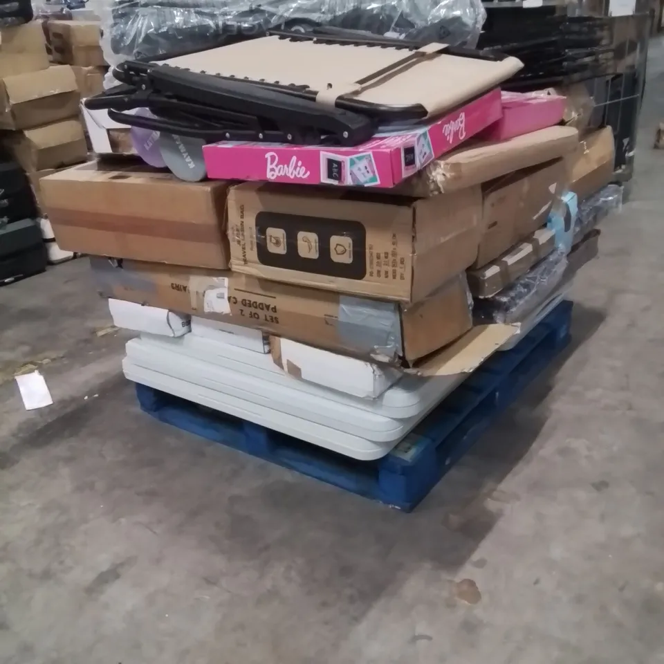 PALLET OF ASSORTED HOUSEHOLD GOODS AND PRODUCTS TO INCLUDE;FOLDING TABLES,SUITCASES,SOUP MAKER,DOG CAGES,CORDLESS VACUUM CLEANER,PLAYPEN,CAMPING CHAIRS 