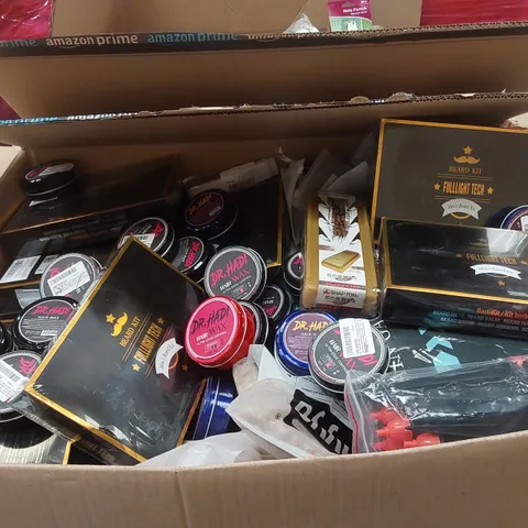 PALLET OF ASSORTED ITEMS INCLUDING: CERAMIC WHETSTONE, MEN'S BEARD KITS, A LARGE ASSORTMENT OF DR. HADI HAIR WAX, HOLE PUNCH, ARTIFICIAL FLOWERS ECT