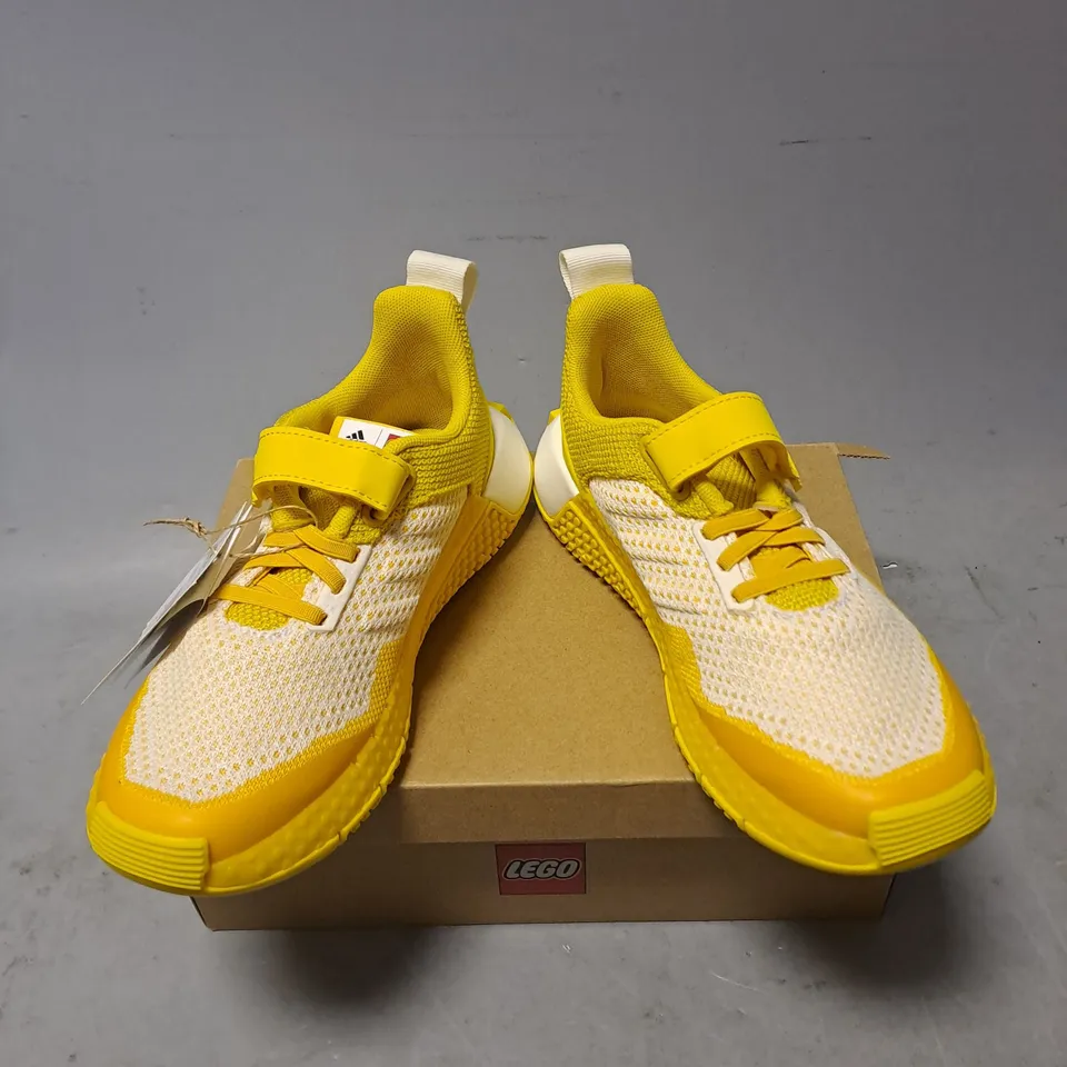 BOXED PAIR OF ADIDAS X LEGO SPORT PRO TRAINERS IN YELLOW SIZE 2