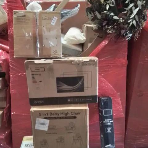 PALLET CONTAINING VARIOUS ASSORTED BOXED HOUSEHOLD ITEMS TO INCLUDE: FLOOR LAMP, 5-IN-1 BABY HIGH CHAIR, 22" LED MONITOR, PUZZLE MAT AND LOTS MORE UNMARKED BOXED ITEMS