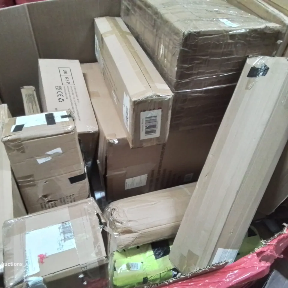 PALLET CONTAINING VARIOUS ASSORTED ITEMS TO INCLUDE: WOK PAN, OFFICE CHAIR, PLAY MAT,   AND LOTS MORE UNMARKED BOXED ITEMS 