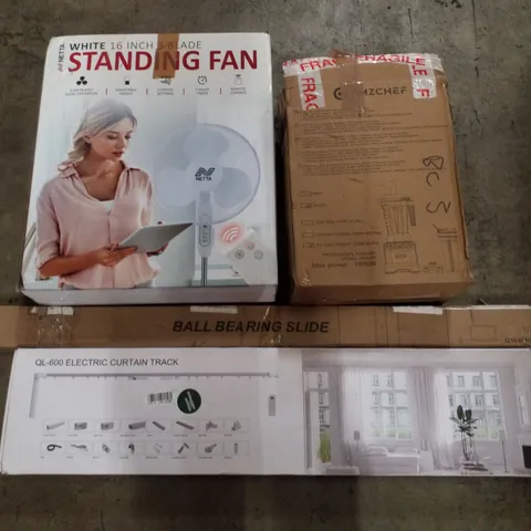 PALLET CONTAINING ASSORTED PRODUCTS INCLUDING ELECTRIC CURTAIN TRACK, BALL BEARING SLIDE, PROFESSIONAL BLENDER & ASSORTED NETTA STANDING FANS