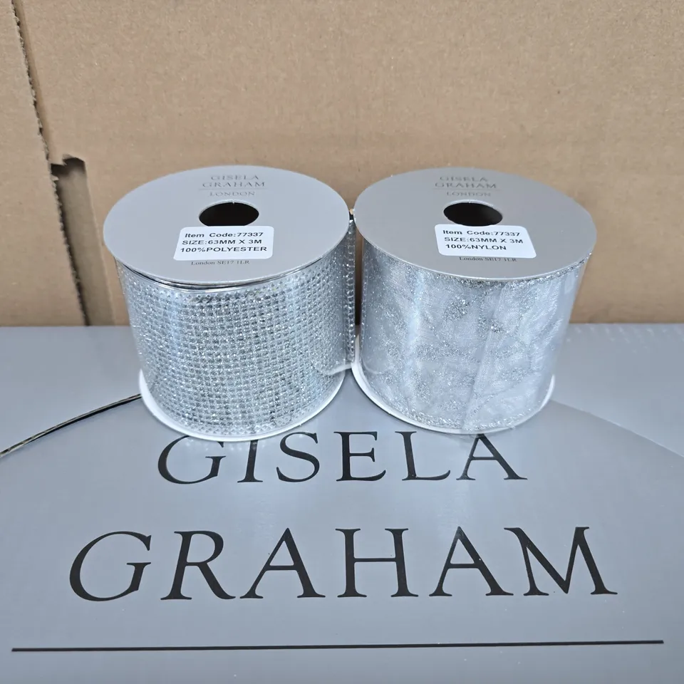 GISELA GRAHAM LONDON DECORATIVE RIBBON ROLLS – BOXED SET OF 24, 63MM X 3M, SILVER