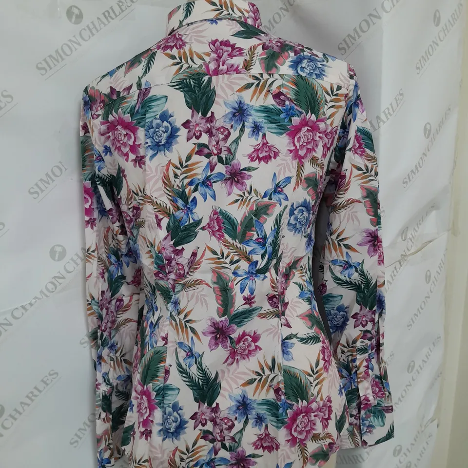 HAWES & CURTIS FITTED BIRD TROPICAL BLOUSE IN CREAM/PINK SIZE 10