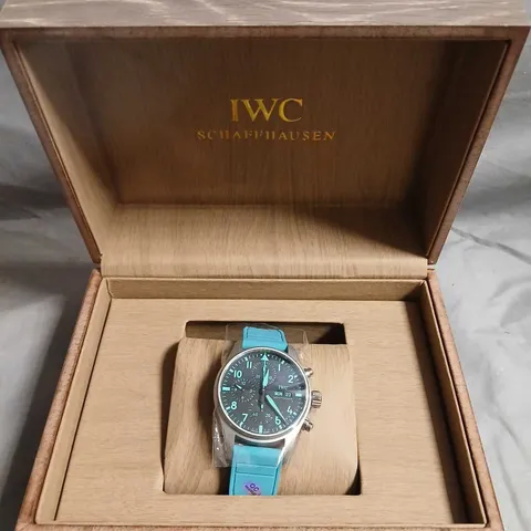 IWC SCHAFFHAUSEN PILOT'S CHRONOGRAPH WITH TURQUOISE STRAP – WOODEN PRESENTATION BOX