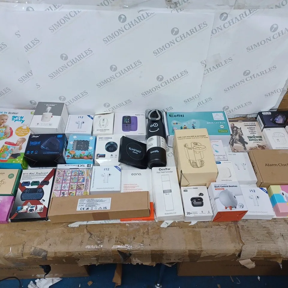 LOT OF APPROXIMATELY 30 HOUSEHOLD ELECTRICAL GOODS TO INCLUDE VERTICAL MOUSE, I12 WIRELESS BUDS, WIFI CAMERA, NOKIA 105, AND PORTABLE ELECTRIC NAIL DRILL ETC. 